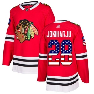 Men's Henri Jokiharju Chicago Blackhawks Authentic USA Flag Fashion Jersey - Red