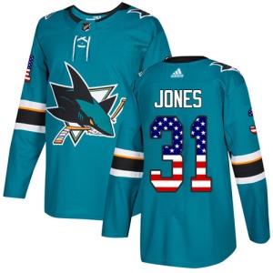 Men's Martin Jones San Jose Sharks Authentic Teal USA Flag Fashion Jersey - Green