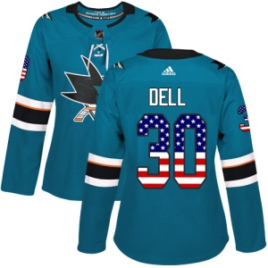 Women's Aaron Dell San Jose Sharks Authentic Teal USA Flag Fashion Jersey - Green