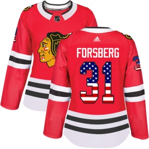 Women's Anton Forsberg Chicago Blackhawks Authentic USA Flag Fashion Jersey - Red