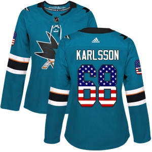 Women's Melker Karlsson San Jose Sharks Authentic Teal USA Flag Fashion Jersey - Green