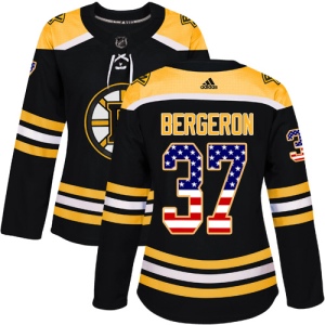 Women's Patrice Bergeron Boston Bruins Authentic USA Flag Fashion Jersey - Black