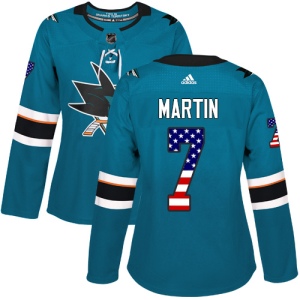 Women's Paul Martin San Jose Sharks Authentic Teal USA Flag Fashion Jersey - Green