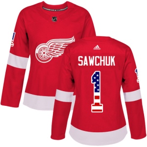 Women's Terry Sawchuk Detroit Red Wings Authentic USA Flag Fashion Jersey - Red