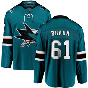 Youth Justin Braun San Jose Sharks Home Breakaway Jersey - Teal